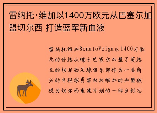 雷纳托·维加以1400万欧元从巴塞尔加盟切尔西 打造蓝军新血液